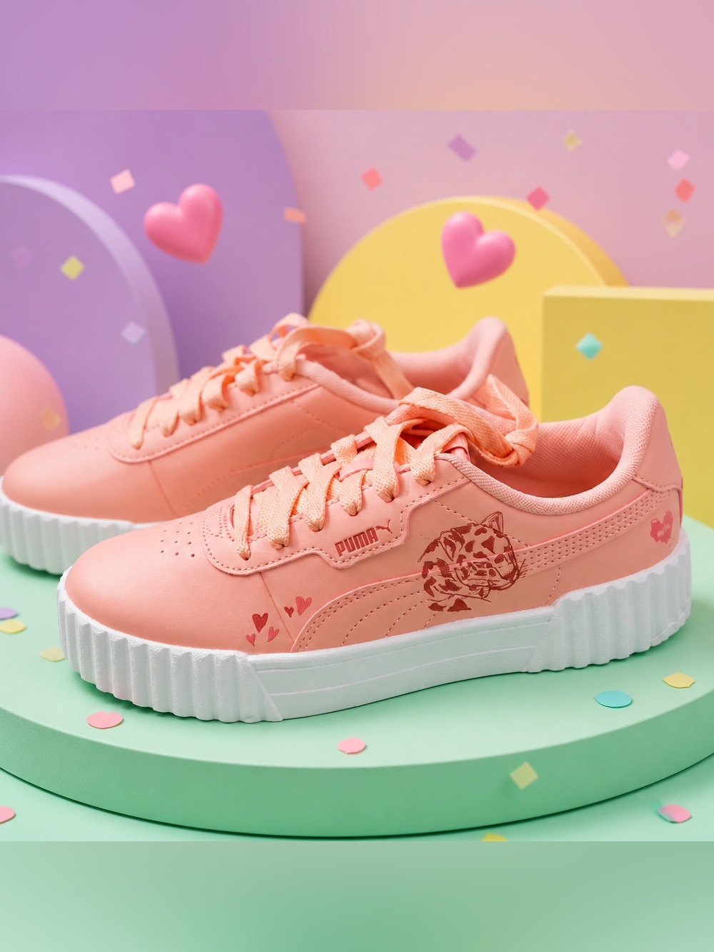 PUMA Carina 2.0 — Kids Brand-new is the peach / Island Pink with animal print.